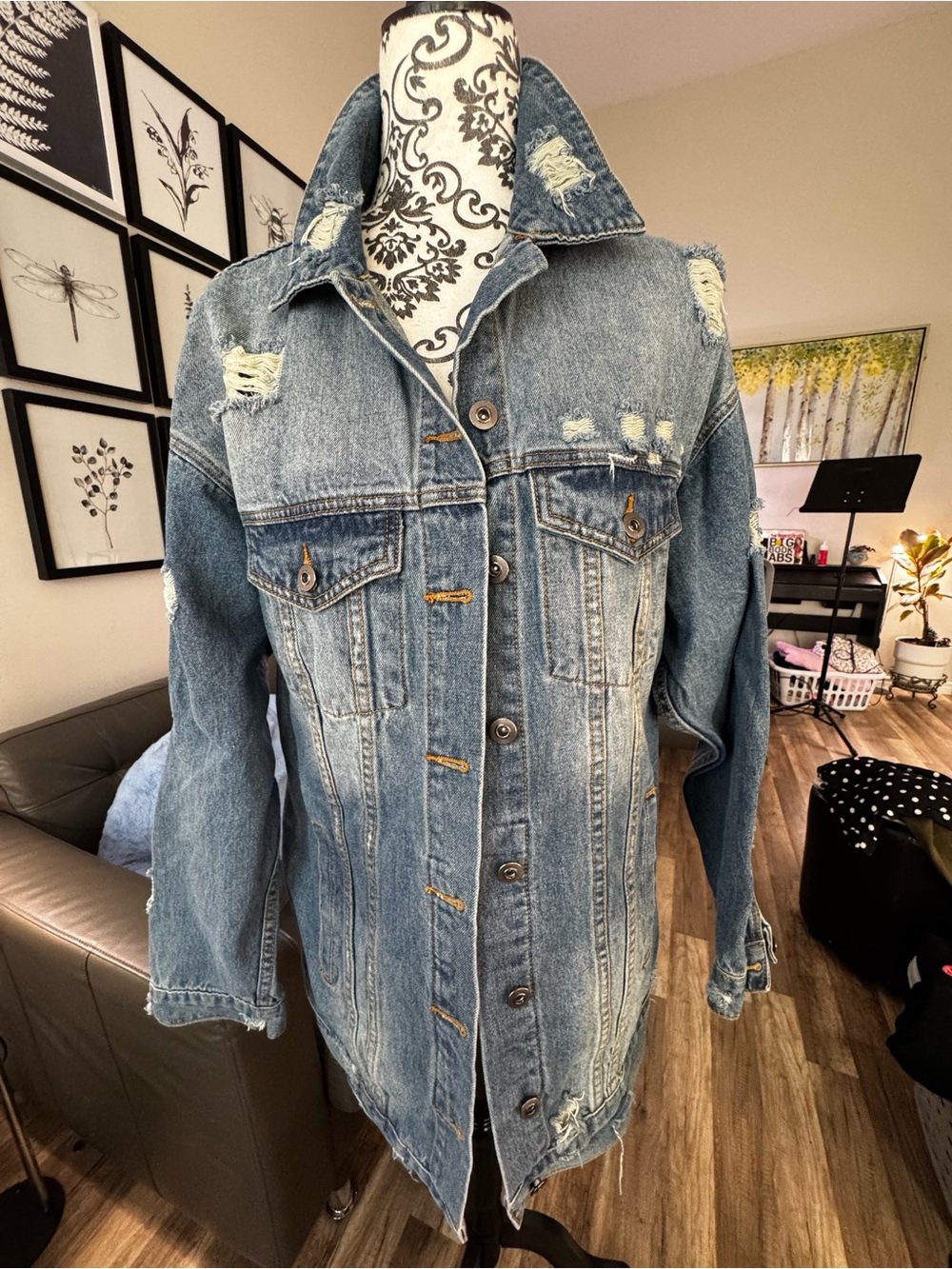 Women's Light Blue Distressed Denim Jacket - Oversized Jean Jacket